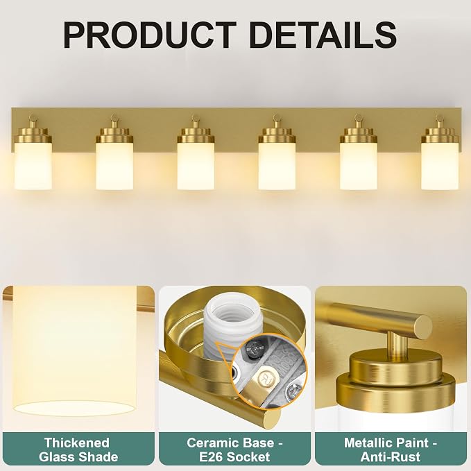 IZORRO Bathroom Vanity Light Fixture, 6-Light 46 Inch Gold Bathroom Light Fixtures Over Mirror, with White Glass Shade, Modern Farmhouse Vanity Lights, Rustic Restroom Lighting Fixtures