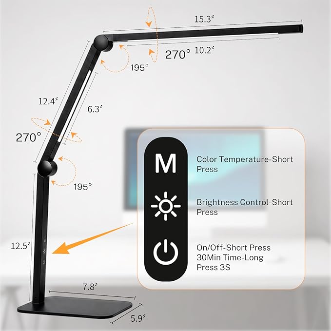 LED Desk Lamp for Home Office with Base, Dimmable Eye Care Architect Desk Light, Adjustable Swing Arm Dual-Light Lighting for Computer Monitor Work Desk Light, Reading, Study & Workbench