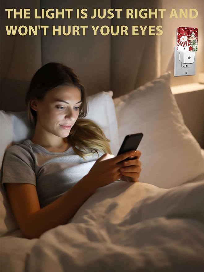 Christmas Night Lights Plug into Wall LED Night Light Snowman Snowflakes Winter Christmas Tree Plaid Automatic Dimmable Dusk-to-Dawn Square Shaped Smart Nightlight for Bathroom/Bedroom