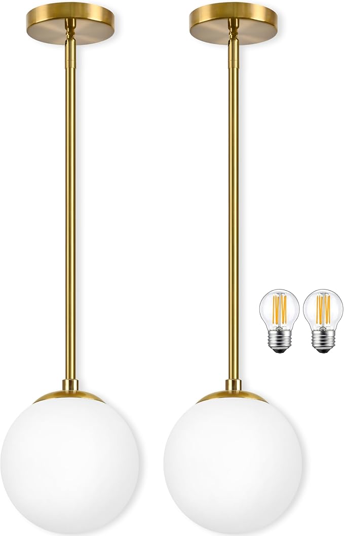 6" Globe Pendant Light Gold 2 Pack Mid Century Pendant Light Globe Pendant Lights Kitchen Island Brushed Brass Finished with Milk Glass Adjustable Ceiling Light Fixtures for Dining Room Bar