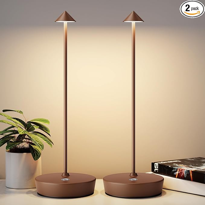 2Pack Rechargeable Cordless Table Lamp, Portable Powered LED Battery 6000mAh Metal USB Desk Lamp, 3 Levels Brightness Light for Restaurants Outdoor (2pack Coffee)