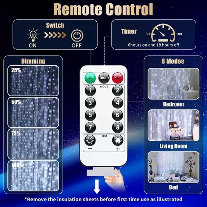 300LED Fairy Curtain Lights, 9.8x9.8Ft Warm White USB Plug in 8 Modes & Timer Christmas String Hanging Lights with Remote for Bedroom Indoor Outdoor Weddings Party Wall Decorations(White)