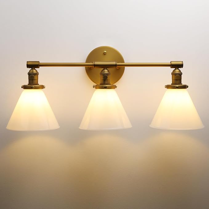 Vintage Industrial 3-Light Bathroom Vanity Light with Milk Glass lampshade – Antique Brass Wall Sconce for Over Mirror, E26 Socket, Dimmable Compatible, Hardwired Installation