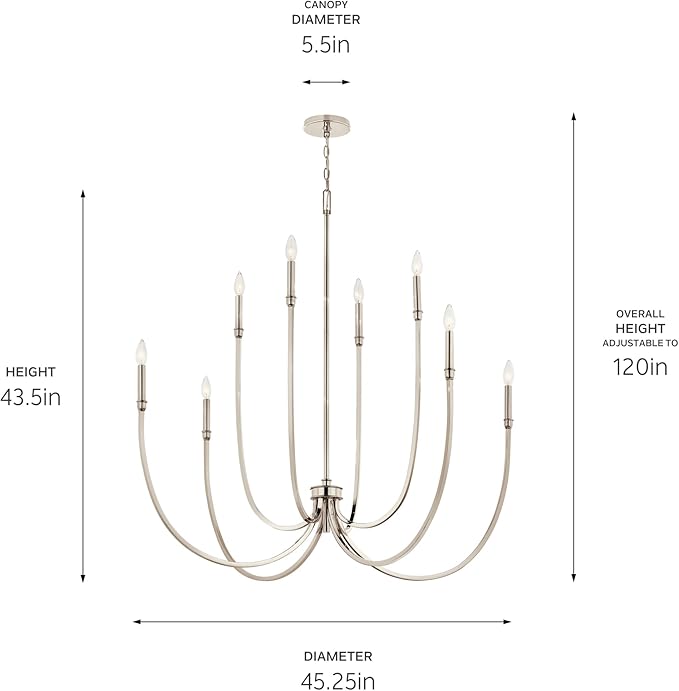 Kichler Malene 8-Light Foyer Chandelier, Updated Traditional Light in Polished Nickel, Sloped Ceiling Compatible, for Foyer, Dining Room or Living Room (43.5" x 42.25"), 52699PN