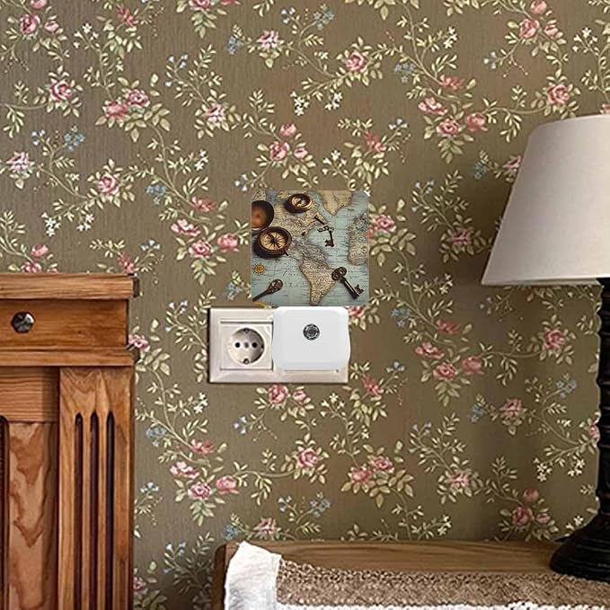 Pirate World Map Night Light Vintage Key Antique Compass Plug into Wall with Dusk to Dawn Light Sensors 0.5W Warm Nightlights for Bedroom Bathroom Hallway