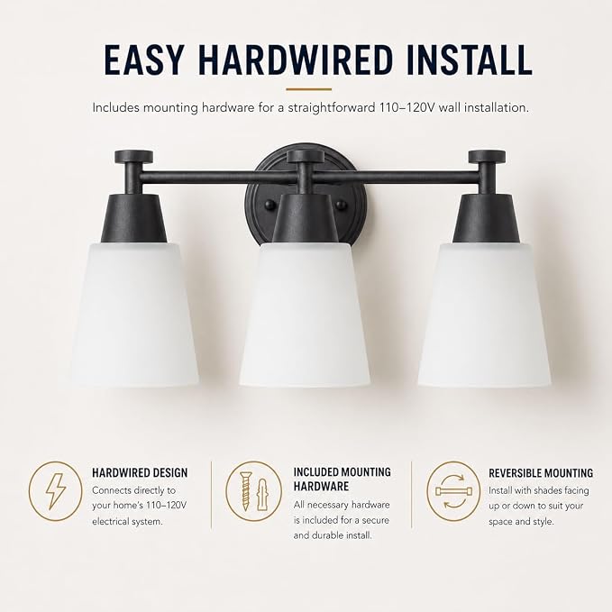 3 Light Bathroom Vanity Light, Modern Matte Black Stainless Steel Over Mirror Vanity Light Fixture with Frosted Glass, Wall Sconces Lighting for Bedroom Living Room