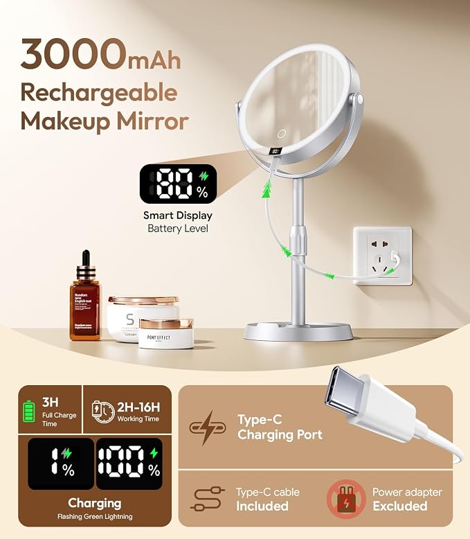 7" ABS Lighted Makeup Mirror with Lights, 1X/20X Magnifying Mirror with Light and Digital Display, 2.6in Height Adjustable, Rechargeable, 3 Color Modes for Makeup & Shaving, Easy to Detach, Women Gift