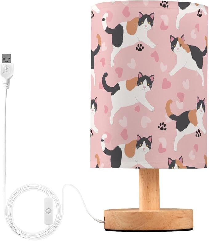 Cute Japanese Shorttail Cat and Paw Prints Hearts Bedside Table Lamps with USB Port for Bedroom Lamp Accent Table Lamp Small Nightstand Lamp Linen Shade Decorative Lamps for Kids|Reading|Dome|Home