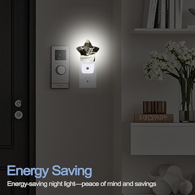 Highland Cow Nightlight,Rustic Retro Bathtub Star Night Lights Plug into Wall Decorations for Bedroom Bathroom,Dusk to Dawn Sensor Kitchen Hallway Stairs Energy Efficient Desk Lamp