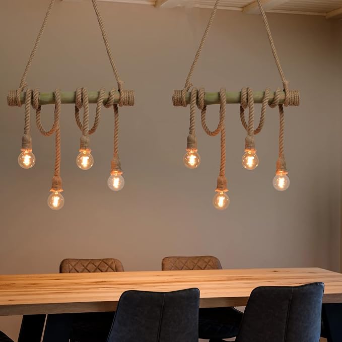 Arturesthome 4 Heads Hemp Rope Ceiling Pendant Light, Vintage Bamboo Chandeliers Decoration, Rustic Industrial Hanging Lamp for Bedroom Restaurant Cafe Bar