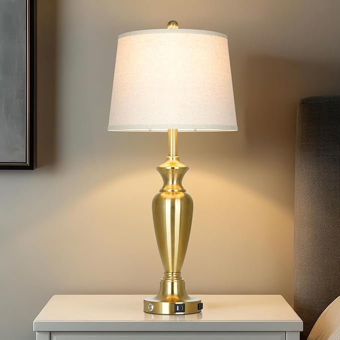 Gold Table Lamp for Living Room Single, 30″ Tall Touch Control Bedside Lamp for Nightstand, 3-Way Dimmable Bedroom Lamp with USB A+C Ports and AC Outlet (1 Pack)