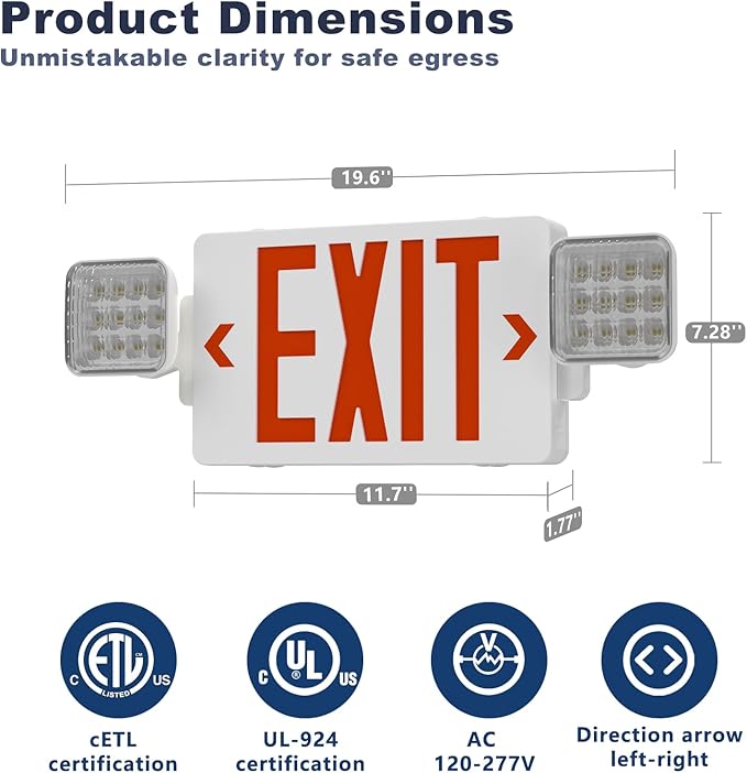 12 Pack Exit Signs with Emergency Lights, Adjustable Double Head-Hardwired with Battery Backup for Business, AC 120-277V,ETL Certified, Wall/Ceiling Mount