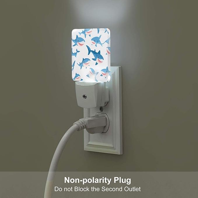 Cartoon Blue Sharks LED Plug-in Night Lamp 2 Piece Set, Auto Sensor Nightlights Set of 2 for Bedroom Bathroom Corridors