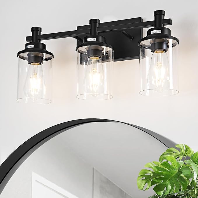 3 Light Bathroom Light Fixtures, Modern Black Vanity Lights Over Mirror, Wall Sconce with Clear Glass Shade and Metal Base, Vanity Lights for Bathroom, Wall Lamp for Mirror Bedroom Hallway