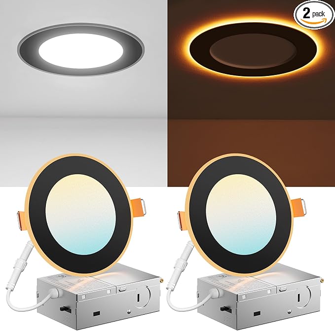 Amico 2 Pack 4 Inch LED Recessed Light with Night Light, 5CCT, Black | Ultra-Thin Ceiling Light, Dimmable, 700LM, No Flicker, 2700K-5000K, Canless Wafer Downlight with J-Box, 10W=90W, IC/ETL/FCC