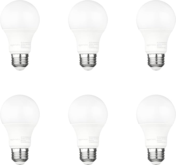 Amazon Basics A19 Dusk to Dawn Sensor LED Outdoor Light Bulb, 60W Equivalent, Energy-Efficient 9W, Daylight White, 5000K, E26 Base, 10,000 Hours, 6 Count (Pack of 1)