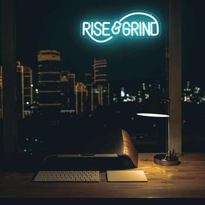 Rise & Grind Neon Sign Hustle LED Neon Signs for Wall Motivational Decor Ice Blue Letter Neon Light Inspirational Neon Wall Art Light Up Signs for Bedroom Office Gym Sports Room Man Cave Decor