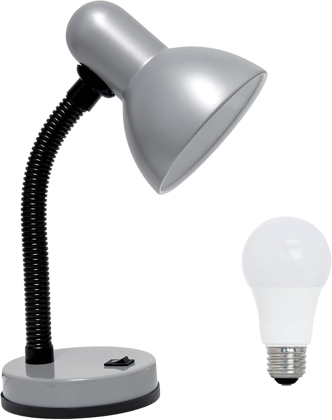 Simple Designs LD1003-SLV-LB 14.25" Basic Metal Desk Lamp with Flexible Hose Neck for Office, Living Room, Bedroom, College Dorm, Bookshelf, Silver, with Feit LED Bulb Included
