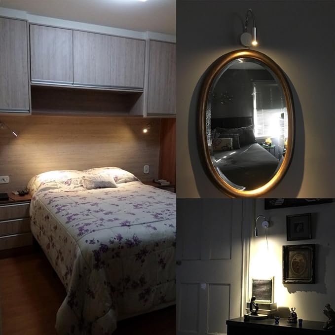 3W Wall Mounted Reading Light Flexible Gooseneck LED Sconce Lamp with Plug & Switch for Bedroom, Office, Workbench, Studio (01 Silver Warm)