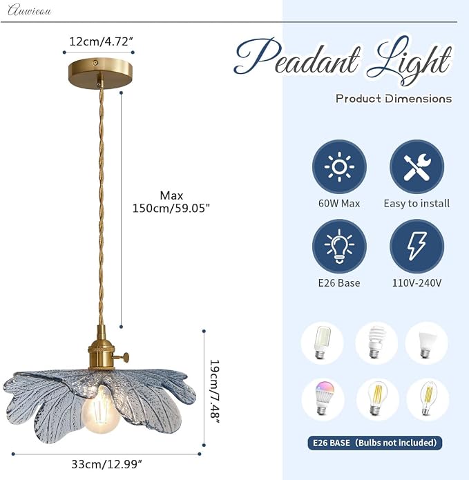 Blue Floral Glass Pendant Lights Kitchen 2 Pack Vintage Mid Century | Gold Brass Hanging Light Fixture set of 2 , Adjustable 59" Cord, 110V E26 Base, for Cabinets Dining Room Apartments entryway