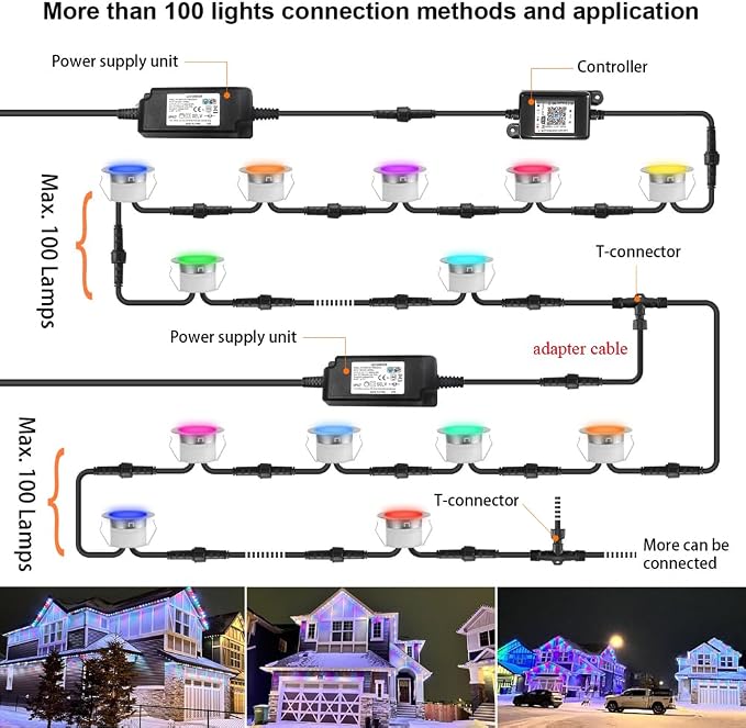 Sumaote LED Deck Lights Kit, 50 Pack 1.22" WiFi Smart RGBW+IC Multicolor | Recessed Low Voltage 12V IP67 Waterproof, App Control Dynamic Color Changing, for Outdoor Step Stair Garden Yard Landscape
