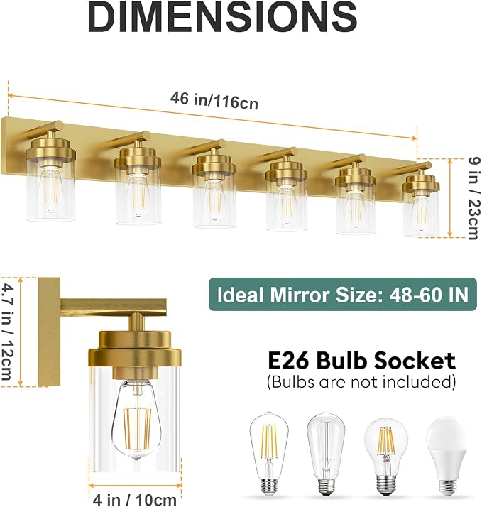 IZORRO Bathroom Vanity Light Fixture, 6-Light 46 Inch Gold Bathroom Light Fixtures Over Mirror, with Clear Glass Shade, Modern Farmhouse Vanity Lights, Rustic Restroom Lighting Fixtures
