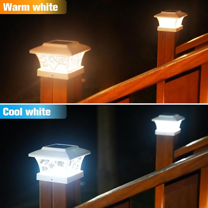 VOLISUN Solar Fence Post Cap Lights, Cool/Warm Modes Outdoor 4Pack, White | Solar powered waterproof deck lights fit 4x4 wooden & vinyl posts, ideal for garden, patio, porch landscape decoration