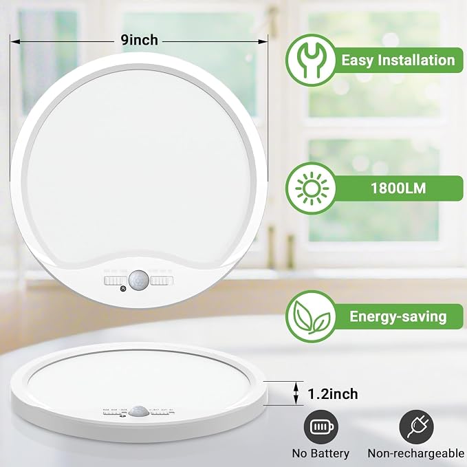 zemty 4 Pack 9 Inch Motion Sensor Ceiling Lights Wired, 18W 1800lm 3CCT/3 Mode/30-120s Timer, Bright White LED Flush Mount Light Fixture Motion Activated for Closet Pantry Hallways Stairwells Garage