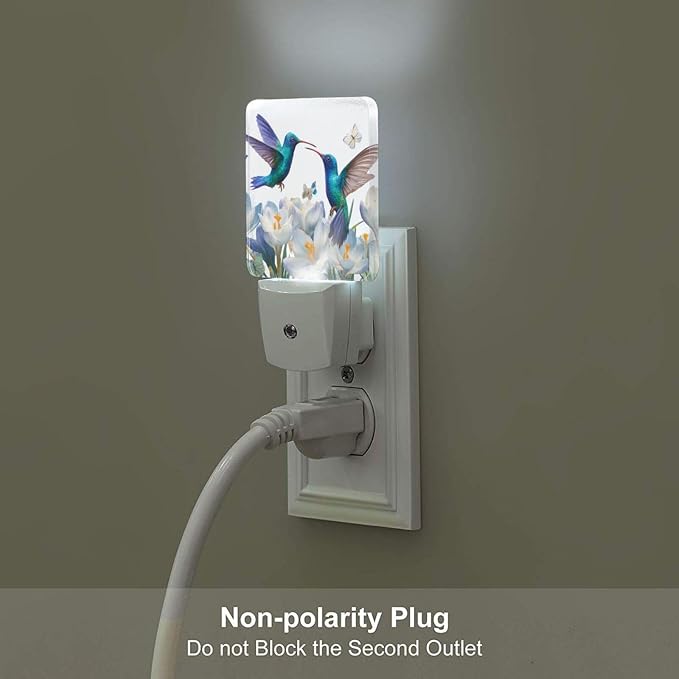 Blue Hummingbirds Night Light Set of 2, White Flowers Auto Sensor LED Dusk-to-Dawn Nightlights, Plug-in Sensor Lamp for Bedroom Bathroom Kitchen Hallway Stairs Decorative