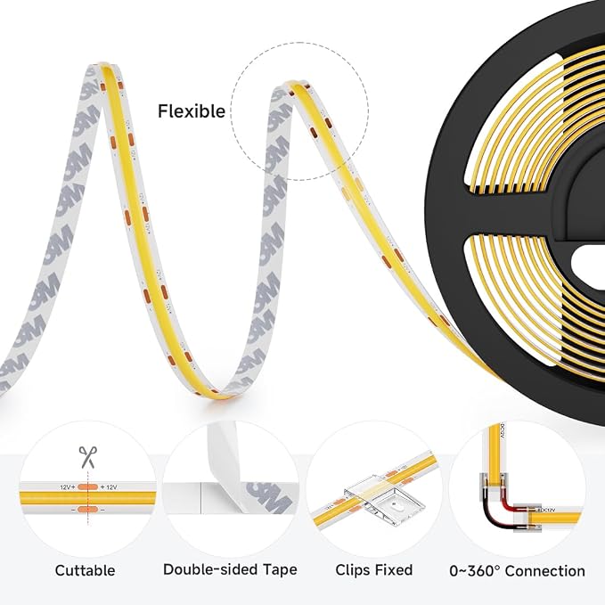 BTF-LIGHTING FCOB COB LED Strip Cool White 6000K, UL Listed 528LED/m High Density Uniform Light, 16.4FT DC12V CRI 90+ 10mm Width Tape Light for Home Indoor DIY Lighting(No Adapter or Controller)