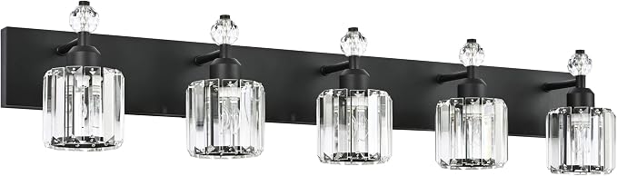 PRESDE 5-Light Crystal Bathroom Vanity Light Modern Matte Black Bathroom Lights Fixtures Over Mirror Wall Lamp for Over Mirror Bedroom Hallway