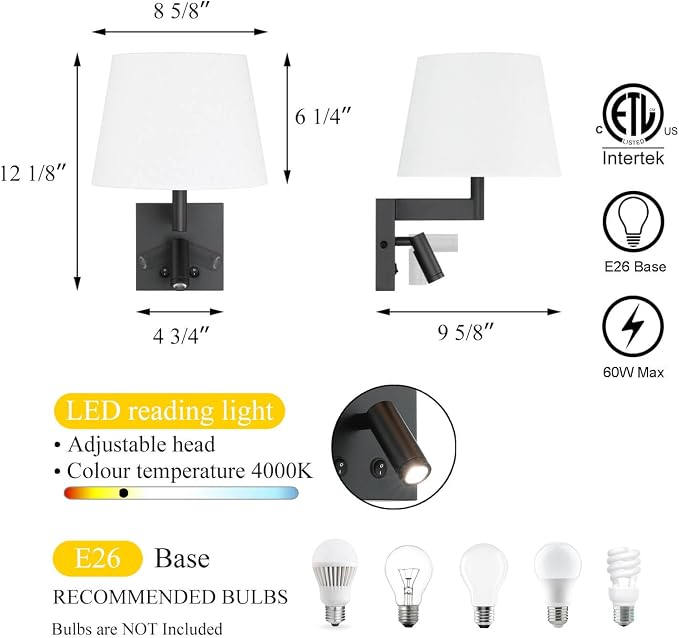 XiNBEi Lighting Wall Sconce LED Reading Light for Bedroom, Black, Hardwired | Linen Fabric Shade, On/Off Switch, Bedside Wall Lighting Fixture, Wall Mounted Lamp, For Living Room Study Hotel Office