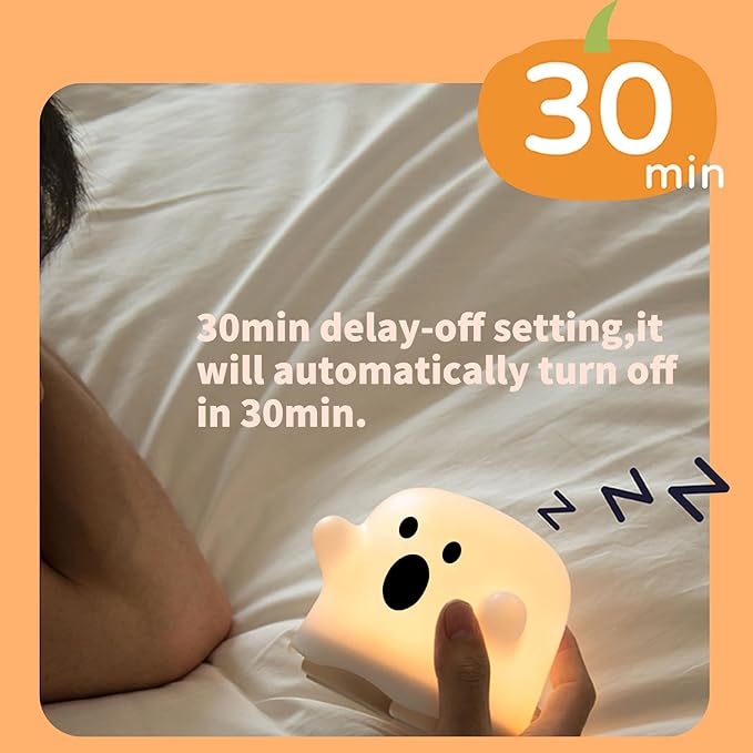 Ghost Night Light, Cute White Night Lamp for Bedroom USB Rechargeable Lamps Adjustable Brightness, Nursery Bedside Delay-Off Nightlight for Birthday Gift Halloween Christmas