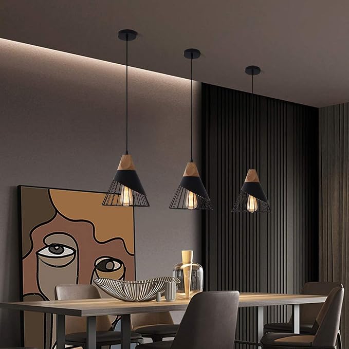 Pendant Light Black,Pendant Lights Kitchen Island,Wood Pendant Light,Adjustable Height Hanging Light Fixture for Kitchen Island Dining Room Bar Bedroom Hallway
