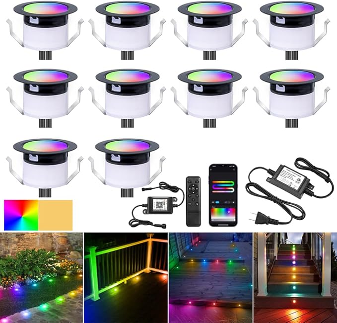 Sumaote LED Deck Lights Kit, 10 Pack 1.22" WiFi Smart RGBW+IC Multicolor | Recessed Low Voltage 12V IP67 Waterproof, App Control Dynamic Color Changing, for Outdoor Step Stair Garden Yard Landscape