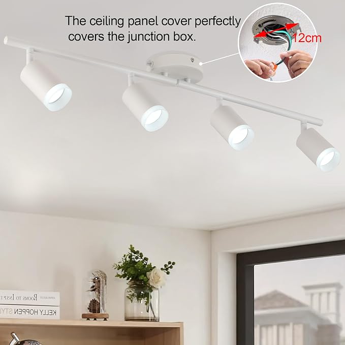 Plug in Track Lighting Kit, 80cm LED 4 Light Kitchen Track Lighting, Corded Wall Light with 16.4ft Cord, 4 Way Ceiling Spot Lighting Flexibly Rotatable Head Includes 4xGU10 Bulb (4 White-Acrylic-80cm)