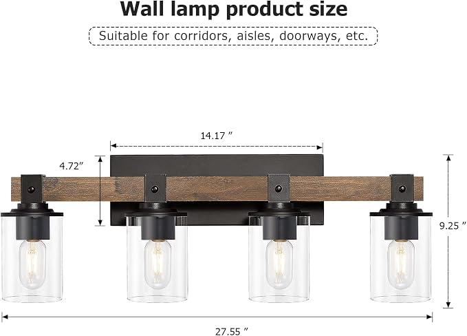 DUJAHMLAND Farmhouse Vanity Light Fixture, Industrial 4-Light Wood Wall Sconce Bathroom Vanity Lighting with Clear Glass Lights Shade,for Hallway,Kitchen,Bedroom(Antique Wood, 4-Light)