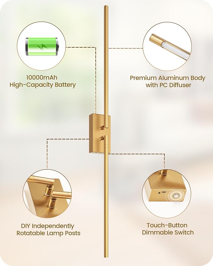 38.6" Wireless Battery Operated Wall Sconces Set of Two,Rechargeable Lamp with Remote, DIY Rotation, 10000mAh Battery, Touch Dimmable Lights for Living Room Hallway Bedroom, Gold D08YBP205