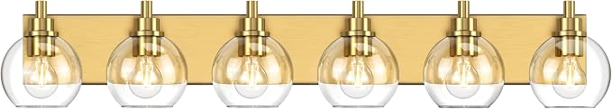 IZORRO Bathroom Light Fixtures, 6-Light Brushed Gold Vanity Light, Modern Wall Sconces with Globe Clear Glass Shade, Vanity Lighting Fixtures Over Mirror,E26 Bulb Socket