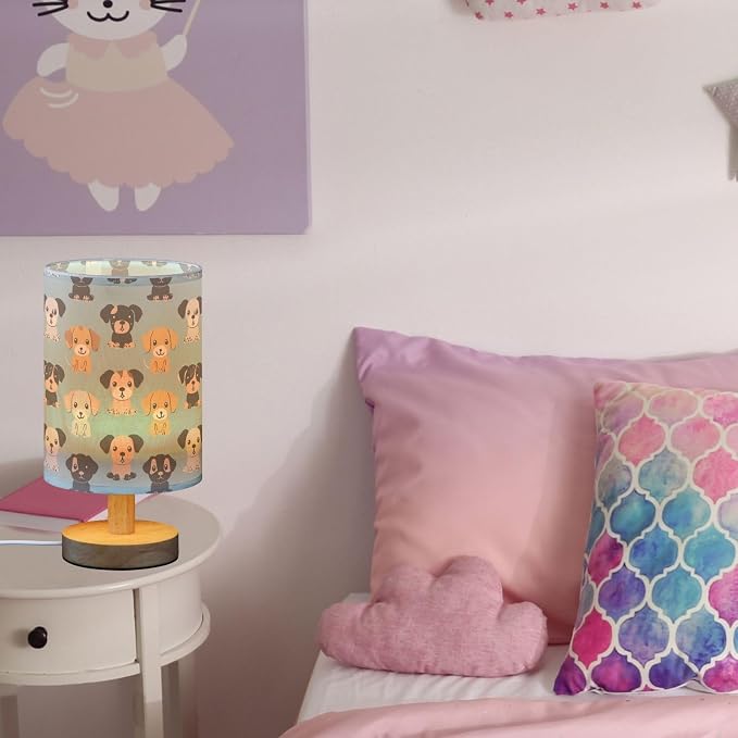 Fustylead Cute Puppy Dogs Blue Bedside Table Lamps with USB Port for Bedroom Lamp Accent Table Lamp Small Nightstand Lamp Sturdy Linen Shade Wooden Base Decorative Lamps for Kids|Reading|Dorm|Home