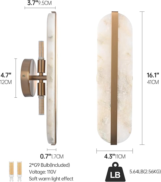 15.7" Natural Alabaster Wall Sconces Marble Wall Sconces Gold Bathroom Vanity Wall Light Fixtures Modern Oval Stone Wall Lamp for Bedroom Living Room Hallway Restaurant Stairs
