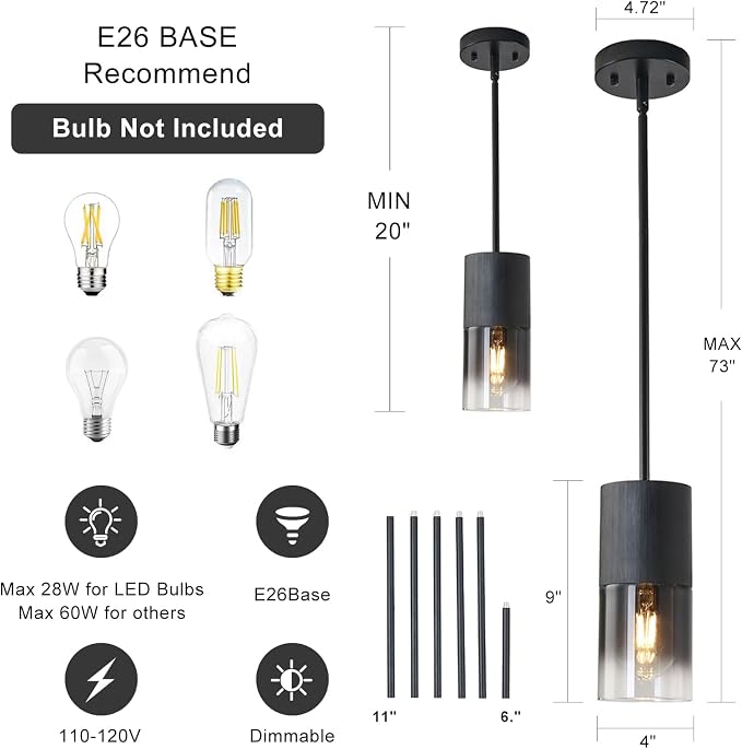 Pendant Light Fixtures, Adjustable Modern Pendant Lights for Kitchen Island, Industrial Glass Pendant Lights for Dining Table Hallway Bedroom Living Room Black 2 Packs