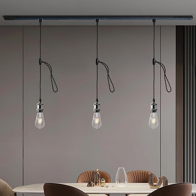 H Track Pendant Lights with Adjustable Cord, H Type Track Lighting Pendants Lights Fixtures with E26 Socket, Retro Vintage Style, Max Length 39.37 inch, Black 6 Pack(Bulbs Not Included)