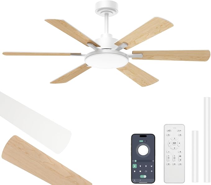 52'' Downrod Mount Ceiling Fans with Lights for Living Room, White | 6 Blades, 6 Speeds, MAX 5600 CFM, Remote&APP Control, 3CCT Dimmable LED, All Metal Body, Memory Function, Reversible DC Motor
