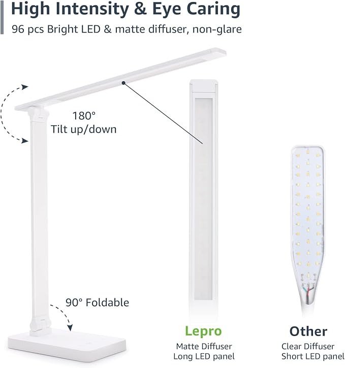 Lepro LED Desk Lamp with USB Charging Port for Dorm Room, 700LM 9.5W, White | Dimmable Table Lamp, 5 Colors 5 Brightness, Eye Caring Task Light for Home Office, Sewing, Crafting, Reading, Nail, Drafts
