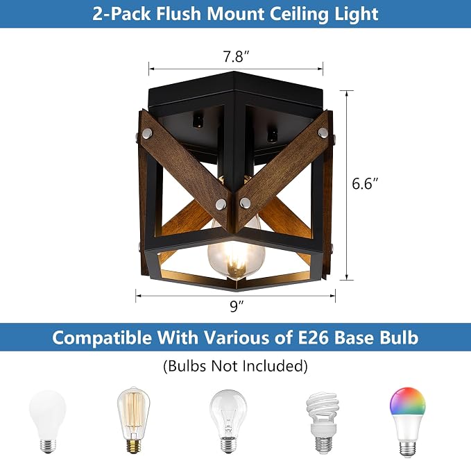 XSDeTu 2 Pack Farmhouse Flush Mount Ceiling Light, Rustic Hallway Light Fixtures Ceiling, Vintage Black Lighting Fixtures with Metal and Wood Cage, Small Chandelier for Kitchen Sink Entryway Bathroom