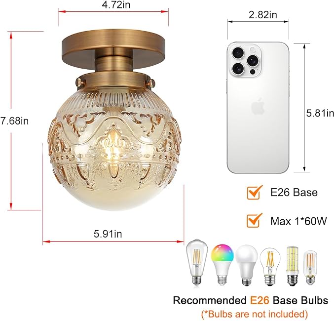 Daunton Semi Flush Mount Ceiling Light, Gold Vintage Kitchen Ceiling Lighting Fixture, Amber Globe Glass Close to Ceiling Light, Modern Hallway Lighting for Bathroom Bedroom Corridor Entryway