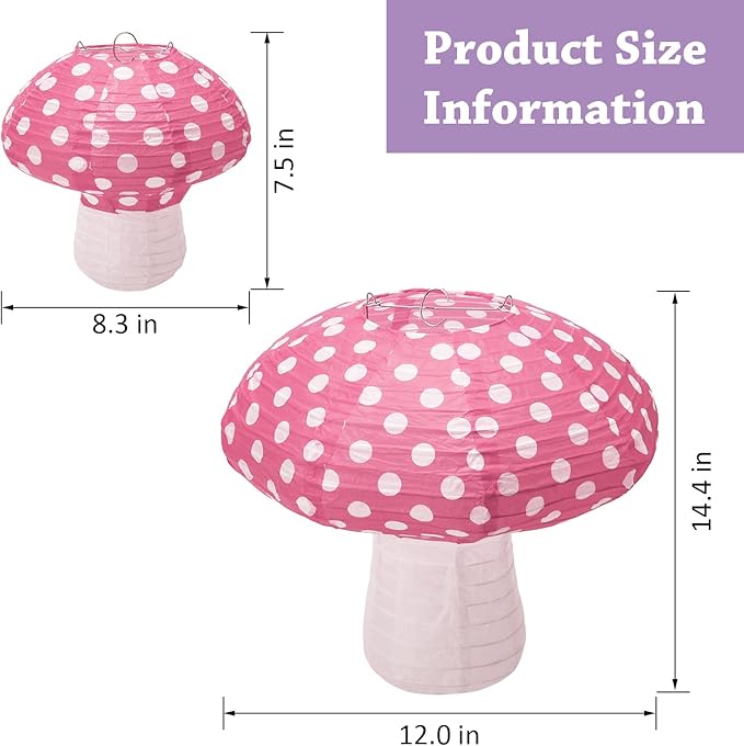 4Pcs Mushroom Shaped Paper Lanterns - Large Mushroom Shaped Paper Lanterns For Nursery, Garden, Christmas Party Decoration - 8 inch, 12 inch (Pink)