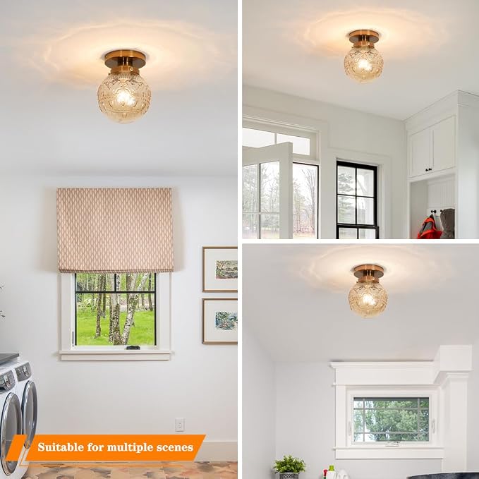 Daunton Semi Flush Mount Ceiling Light, Gold Vintage Kitchen Ceiling Lighting Fixture, Amber Globe Glass Close to Ceiling Light, Modern Hallway Lighting for Bathroom Bedroom Corridor Entryway