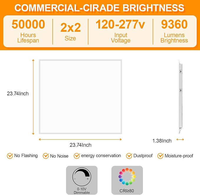 4 Pack 2x2 LED Flat Panel Light Drop Ceiling Office Fixture 5 CCT 3000K-6500K Adjustable & 5 Wattage 15W-20W-30W-40W-50W Selectable, 0-10V Dimmable，led Drop Ceiling Flat Panel troffer Light